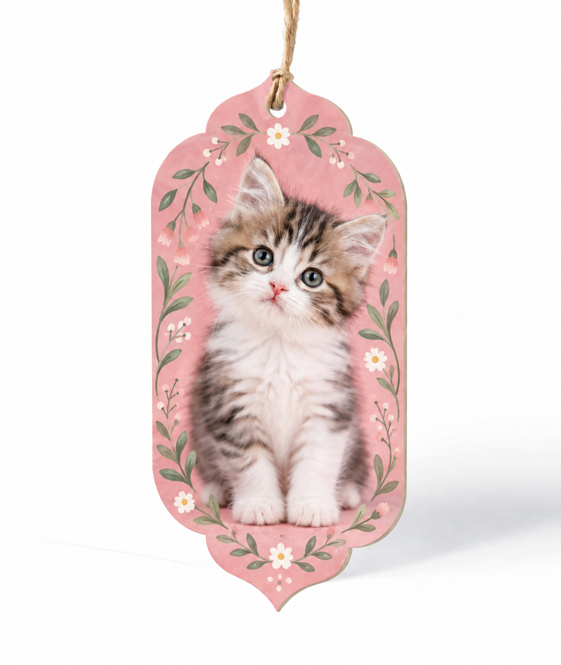 Custom pink cat-shaped hang tag with string attachment