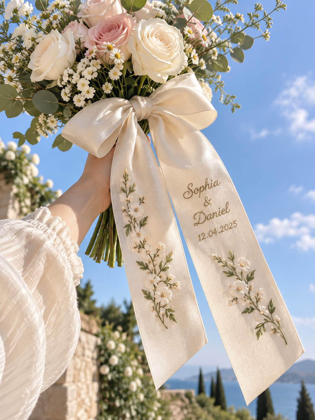 Custom printed Sophia and Daniel wedding ribbon tied around a bouquet