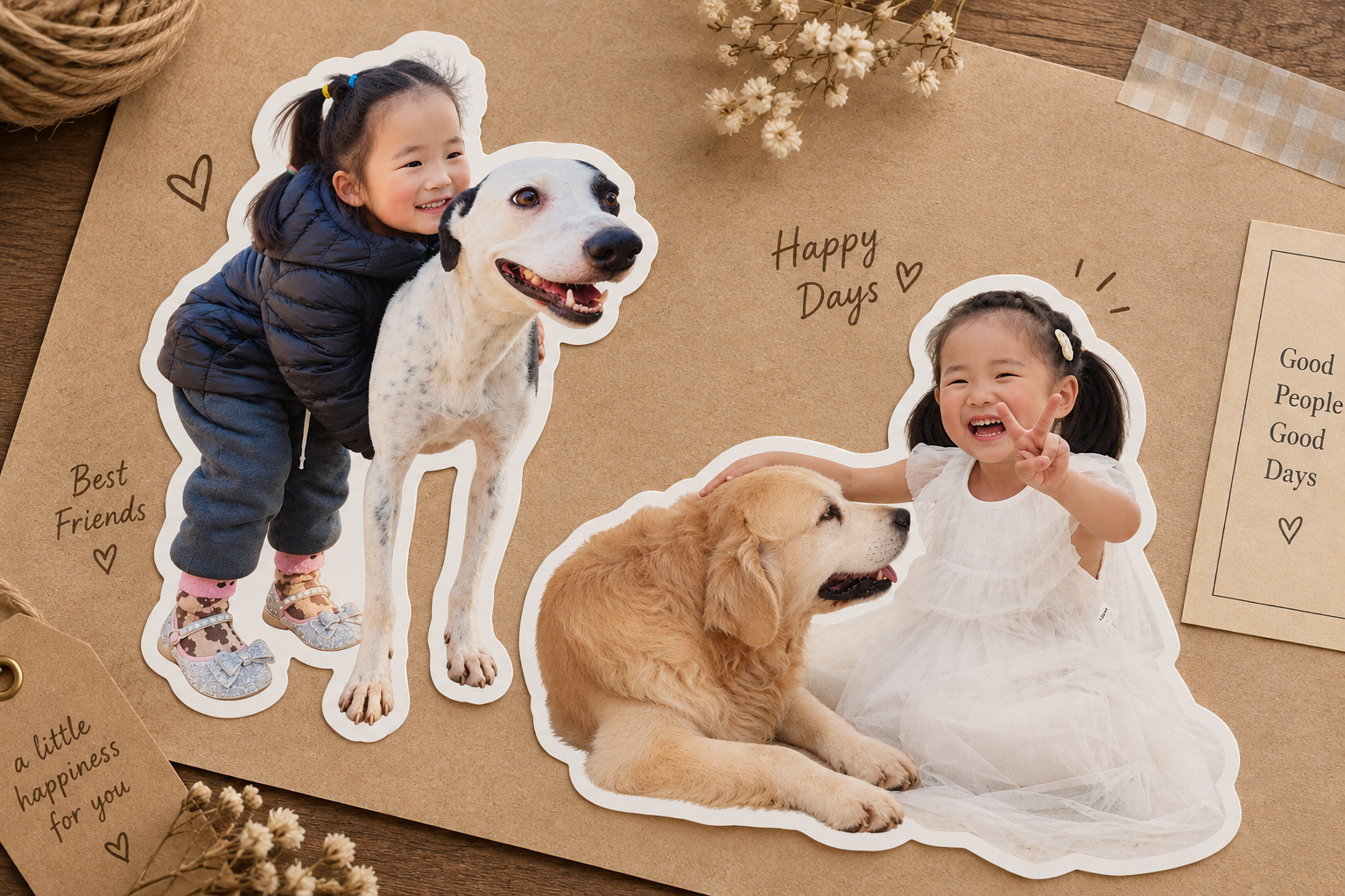 Personalized die-cut photo stickers featuring children and dogs