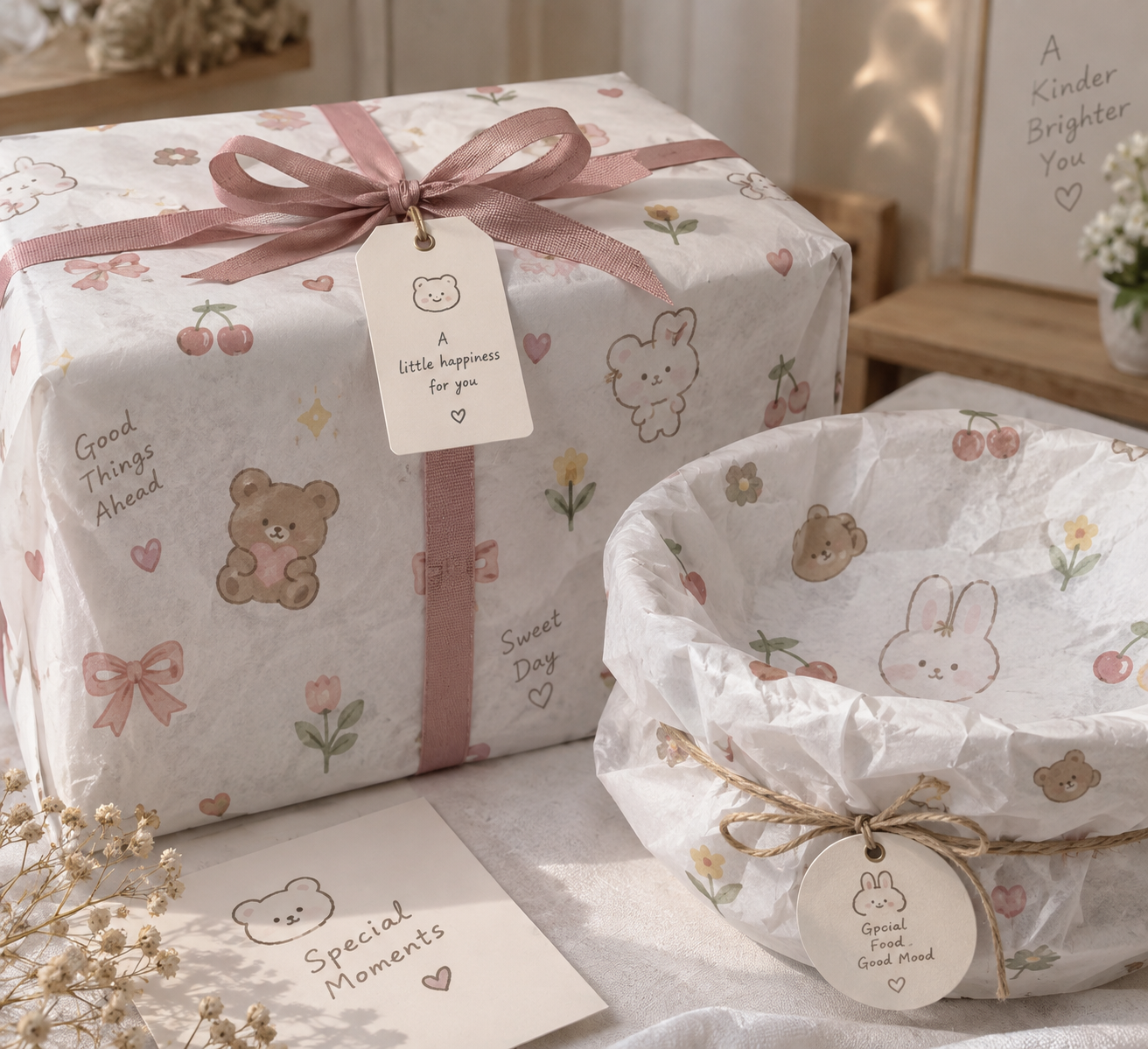 Custom printed tissue paper with bear, bunny and cherry pattern packaging