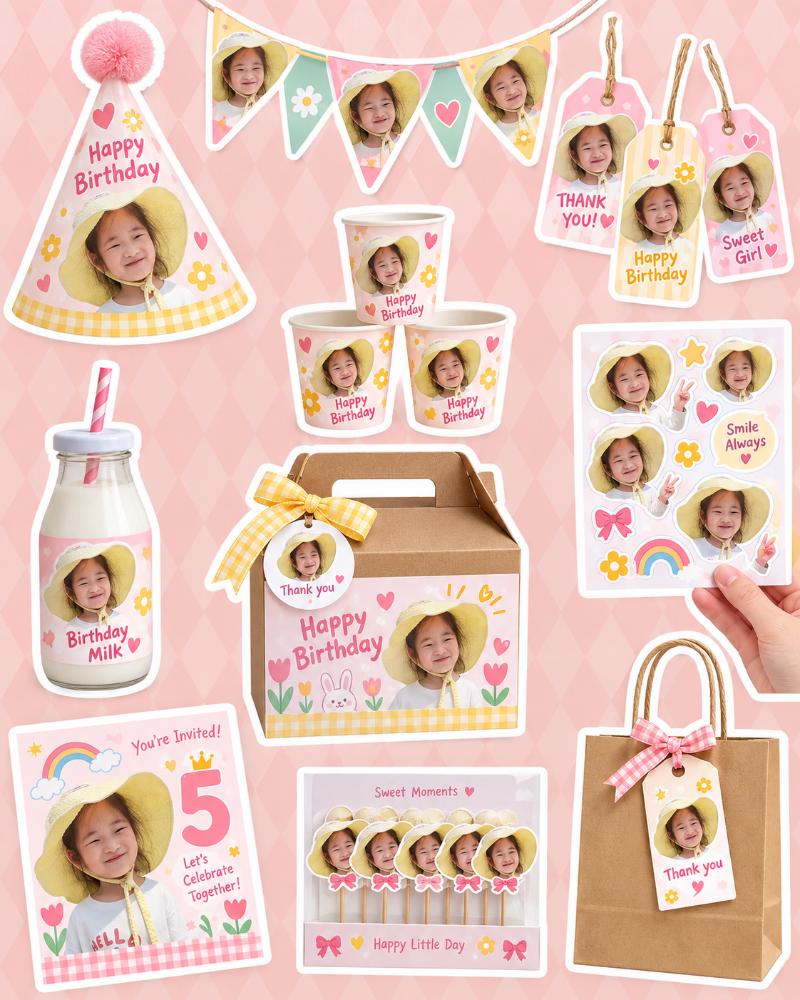 Birthday custom packaging set with photo invitations, tags, cups and stickers