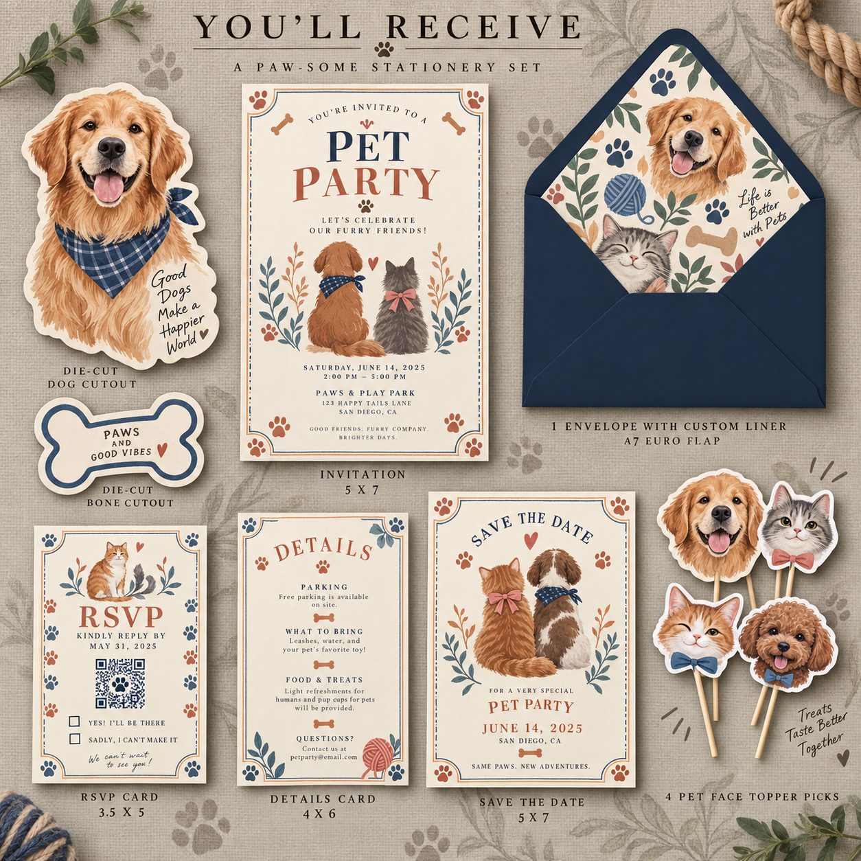 Pet party custom stationery set with invitations, stickers and topper picks