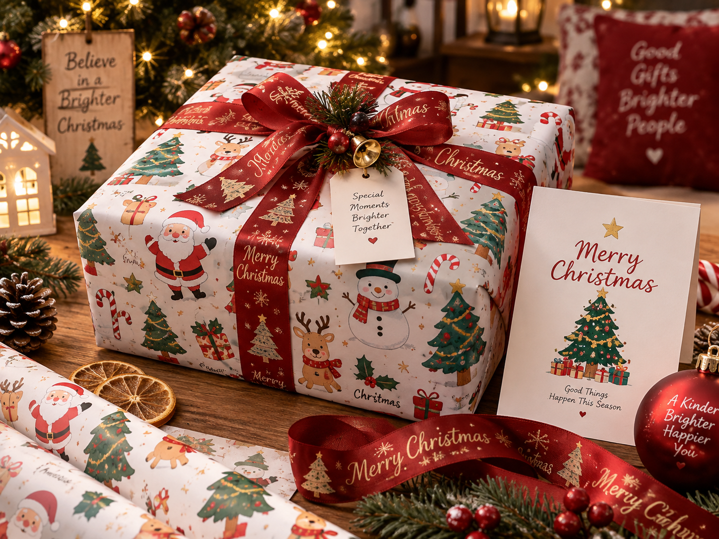 Christmas gift packaging with custom ribbon, tag and card